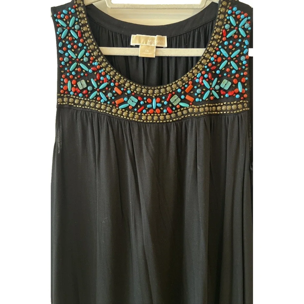 MICHAEL KORS Black Sleevelss Tank Maxi Dress Size 1X Beaded Neckline Boho Beach